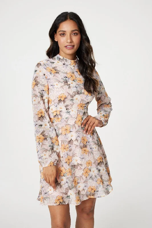 Floral High Neck Short Dress High-end floral dresses