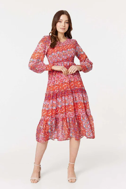 Floral Long Puff Sleeve Smock Dress Tulle floral dresses