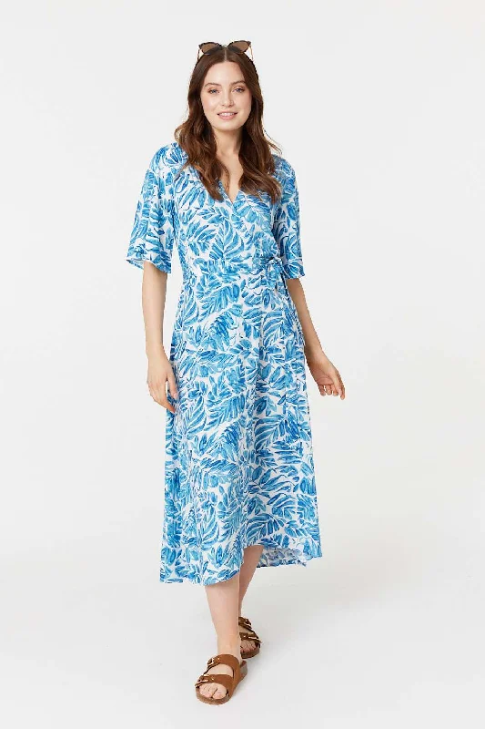 Leaf Print 1/2 Sleeve Wrap Dress Floral dresses under $50