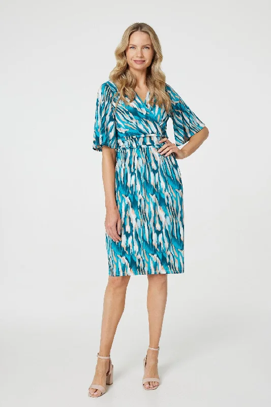 Printed 1/2 Angel Sleeve Faux Wrap Dress Organza floral dresses