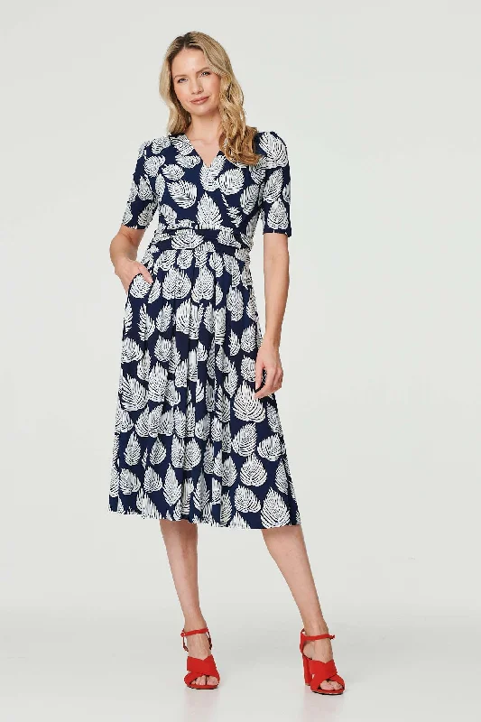 Printed Short Sleeve Wrap Tea Dress Party floral dresses