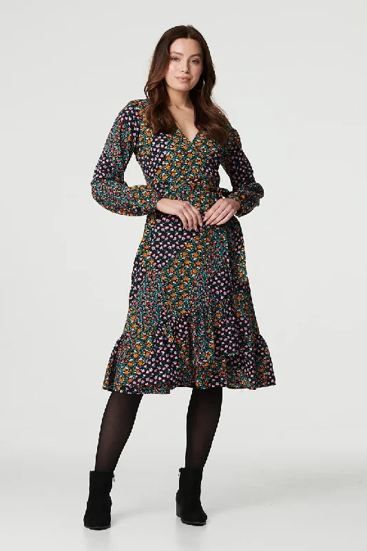 Patchwork Print Ruffled Wrap Dress New Year's Eve floral dresses