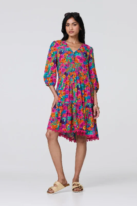 Floral 3/4 Sleeve Smock Dress Stretchy floral dresses