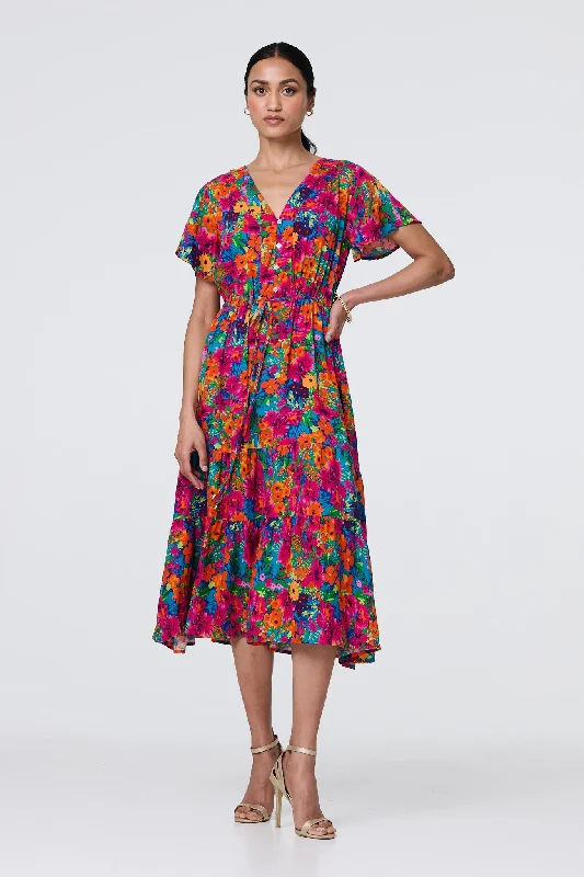 Floral Short Sleeve Tie Waist Dress Chiffon floral dresses