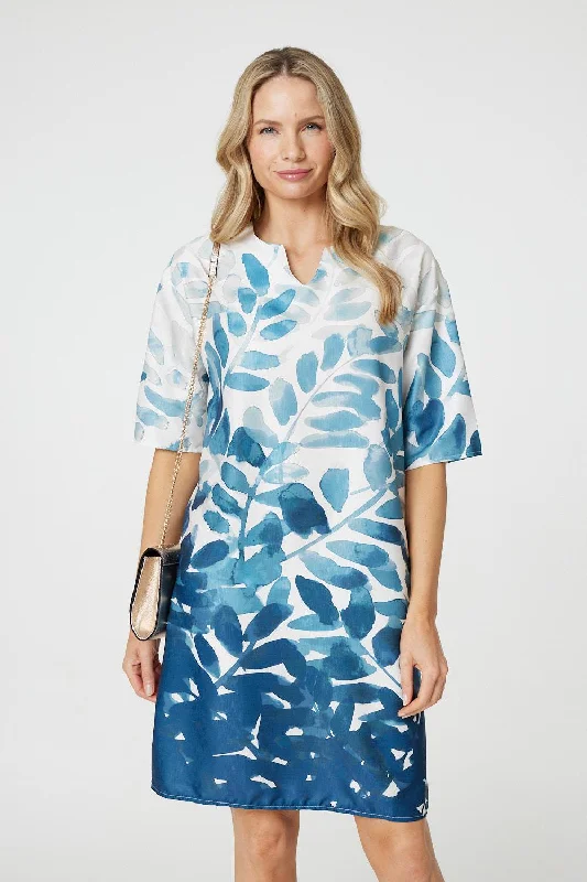 Leaf Print 3/4 Sleeve Relaxed Shift Dress Hot new arrivals in floral dresses