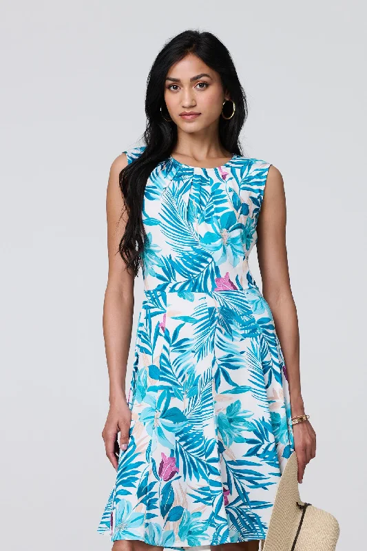 Tropical Print Sleeveless Knee Length Dress Boohoo floral dresses