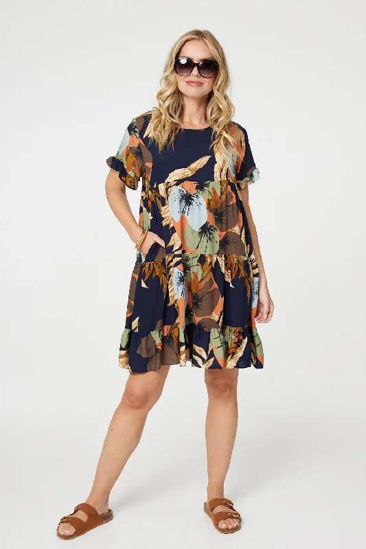 Leaf Print Frilled Knee Length Shift Dress Retro floral dresses