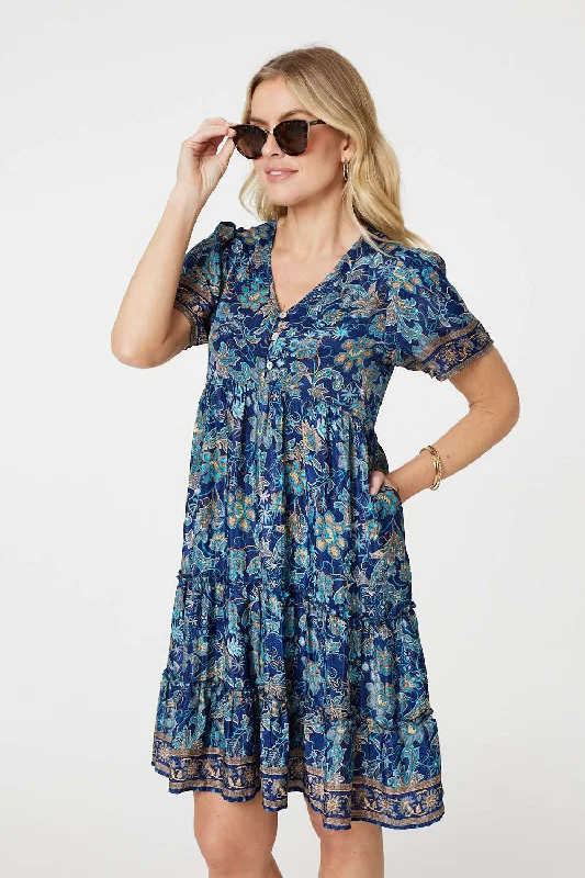 Paisley Border Print V-Neck Short Dress Best floral dresses for outdoor weddings