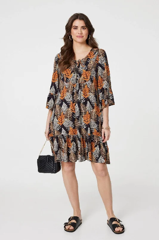 Leaf Print Knee Length Relaxed Dress Lightweight floral dresses for hot weather