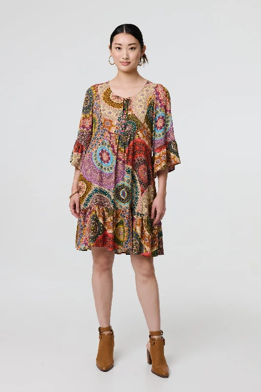 Kaleidoscope Print 3/4 Sleeve Short Dress Best floral dresses for work