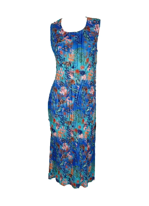 N240010 Floral Printed Sleeveless Pleats Dress *Blue Linen floral dresses