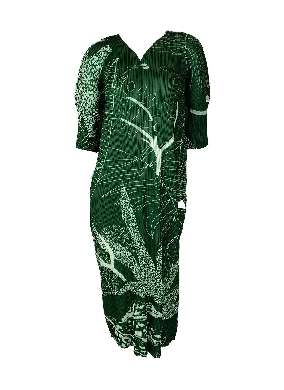 N240011 V-Neck Printed Short-Sleeve Pleats Dress *Green Maxi floral dresses