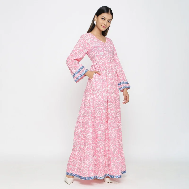 Pink Paisley Block Print Cotton Floor Length Boho Dress Versatile floral dresses for all occasions