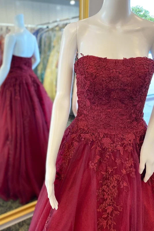 Wine Red Floral Lace Strapless A-Line Prom Dress Best floral dresses for beach vacations