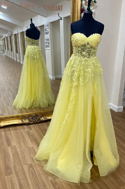 Yellow Floral Lace Strapless A-Line Prom Dress Best floral dresses for petites