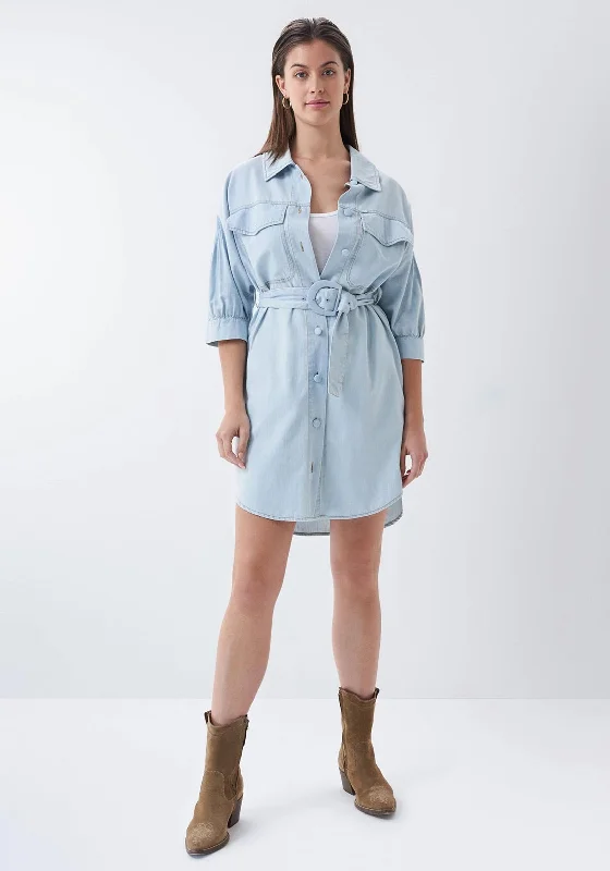 Salsa Belted Denim Shirt Mini Dress, Light Blue Mini Skirt Dress