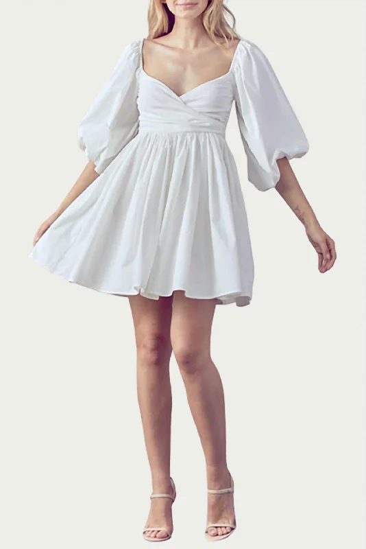 Shirred Wrap-Effect Cotton Mini Dress in White High-waist Denim Skirt