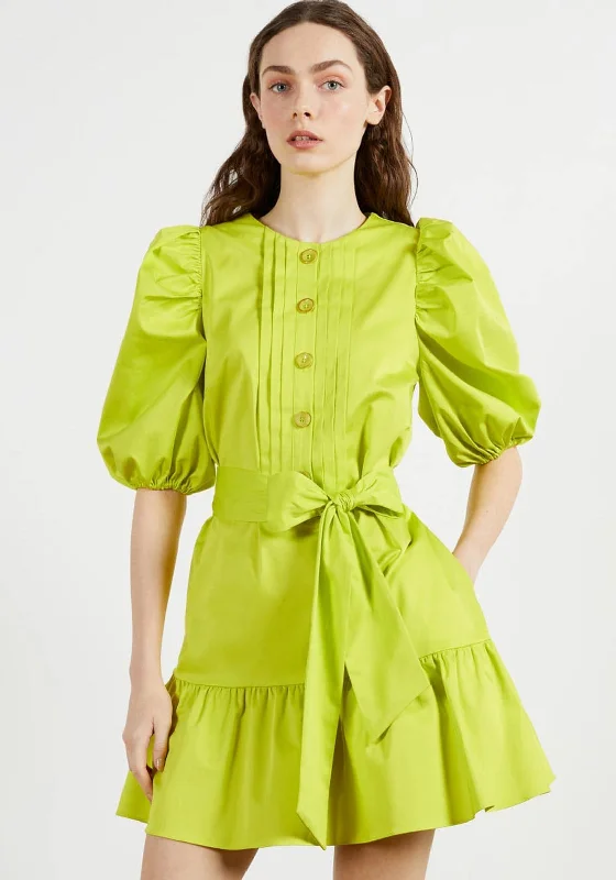 Ted Baker Sofiiia Button Up Mini Dress, Bright Green Fitted Pleated Skirt