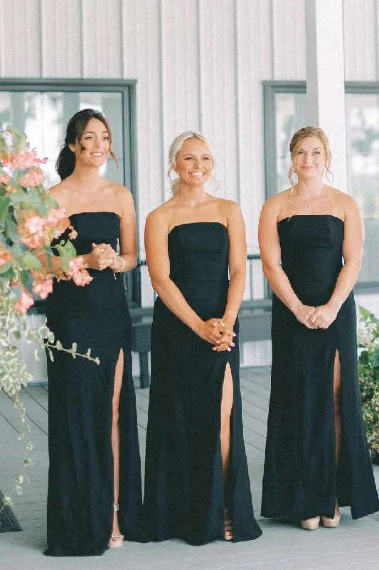 Black Strapless Mermaid Satin Sleeveless Long Bridesmaid Dress with Slit Chic Maxi Skirt