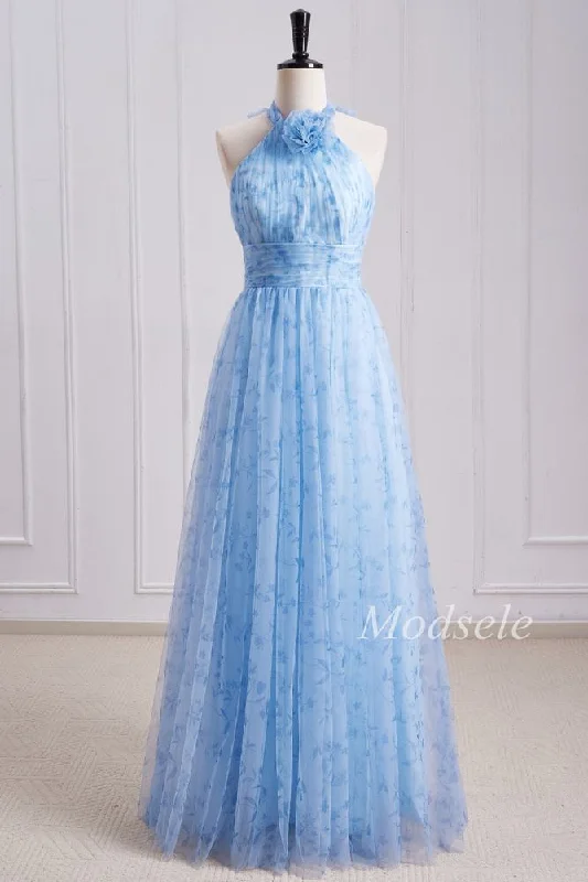 Blue Print Halter Long Bridesmaid Dress with Rosette Stretch Maxi Skirt