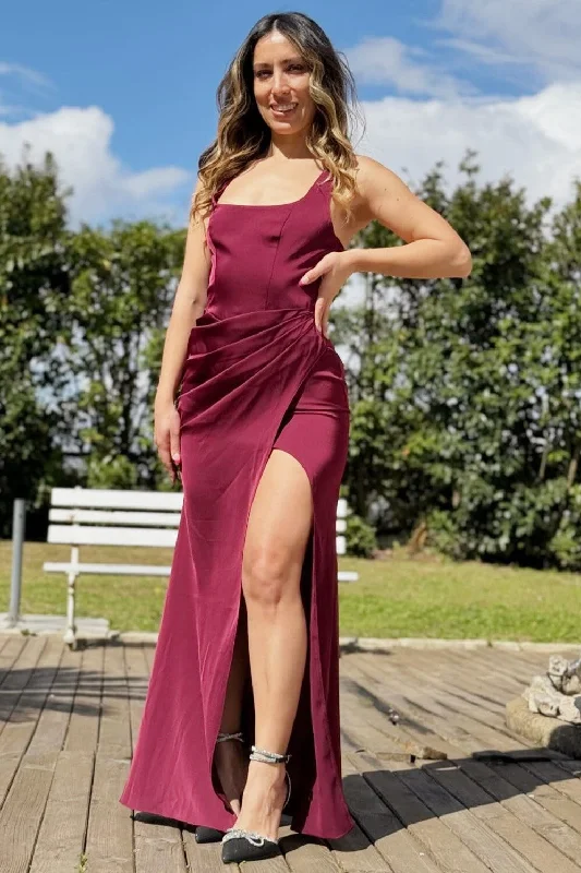 Burgundy Square Neck Cutout Back Ruched Maxi Dress Skater Maxi Skirt