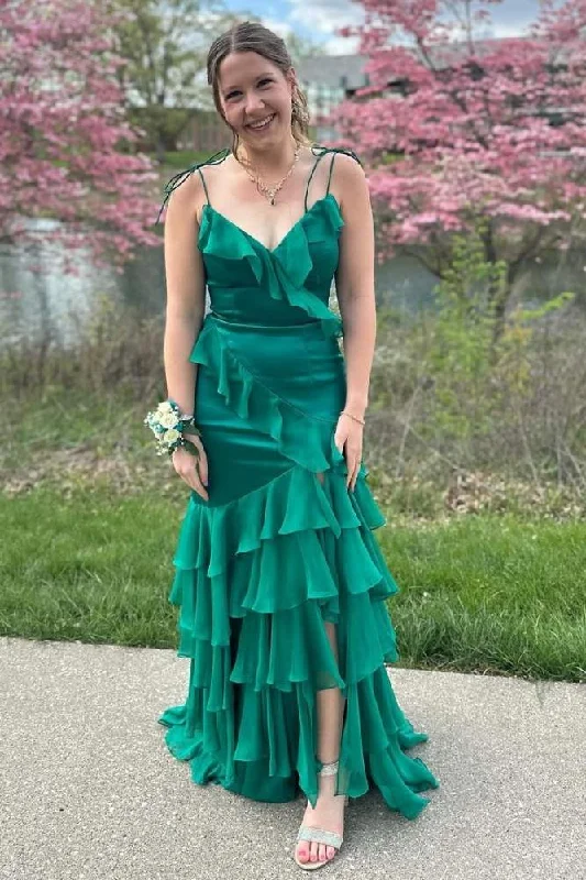 Emerald Green V-Neck Ruffle Long Prom Dress with Slit Maxi Skirt Casual