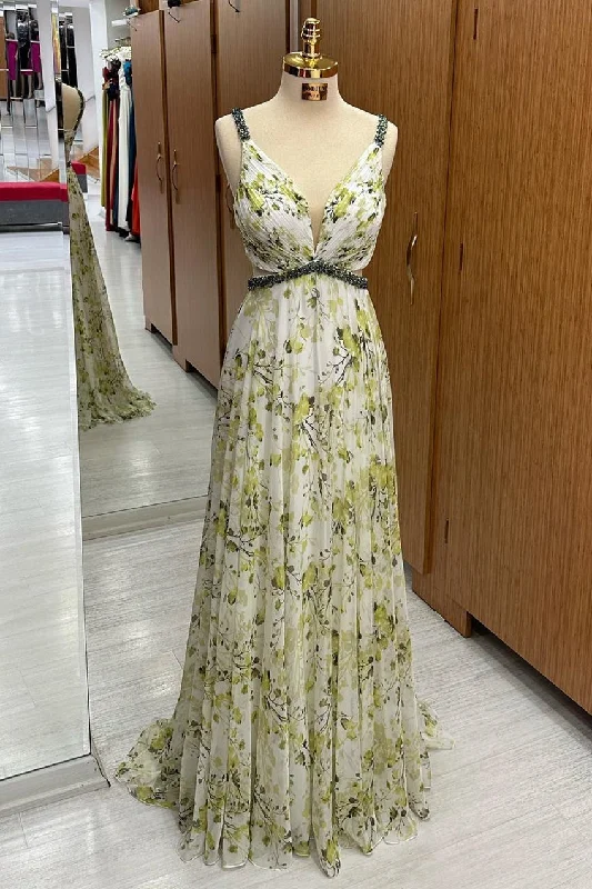 Floral Print Beaded V-Neck Chiffon Maxi Dress Elegant Long Skirt