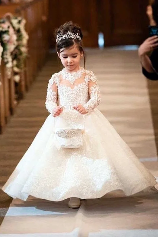 Glamorous White Appliques Long Sleeve Floor-Length Flower Girl Dress Ruffled Maxi Skirt