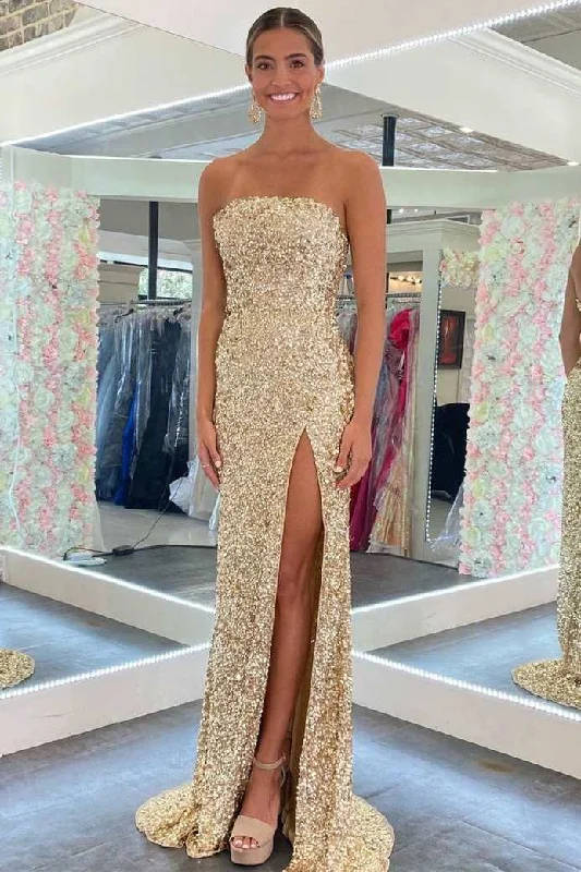 Gold Sequin Strapless Backless Mermaid Long Prom Dress with Slit Embroidered Maxi Skirt