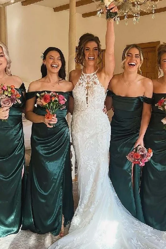 Green Off-Shoulder Satin Pleated Long Bridesmaid Dress with Slit Midi Maxi Skirt