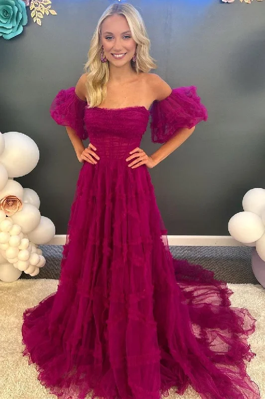 Magenta Strapless Ruffles A-Line Long Formal Dress with Puff Sleeves Cozy Maxi Skirt