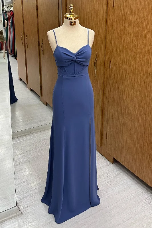 Navy Twist-Front Long Formal Dress with Spaghetti Straps Lace Detail Maxi