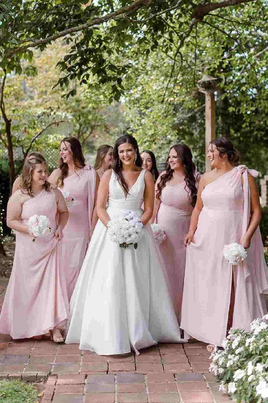 Pink One Shoulder A-Line Satin Long Bridesmaid Dress with Slit Stylish Maxi Skirt