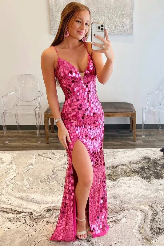 Pink Oval Glass Mirror V-Neck Long Prom Dress with Slit Long Boho Skirt