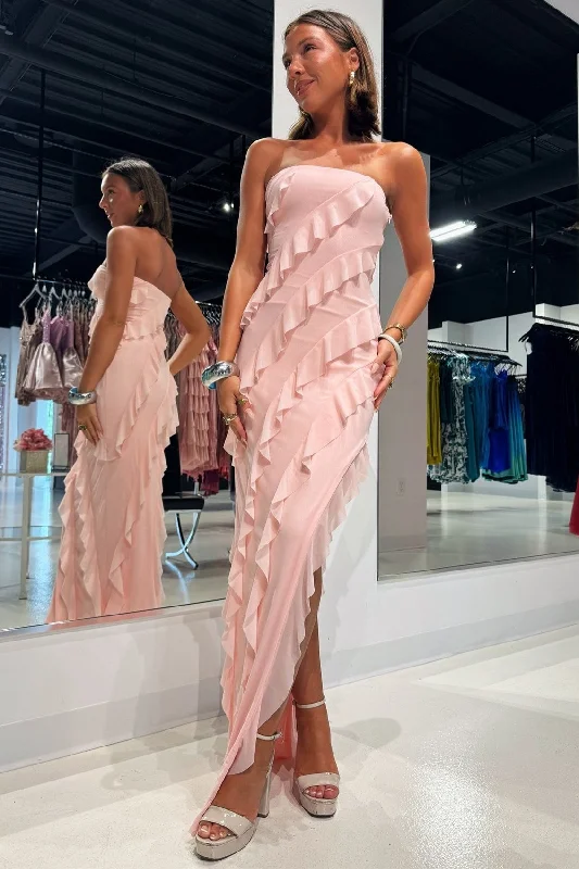 Strapless Ruffle Chiffon Maxi Dress with Slit in Pink Wrap Maxi Skirt