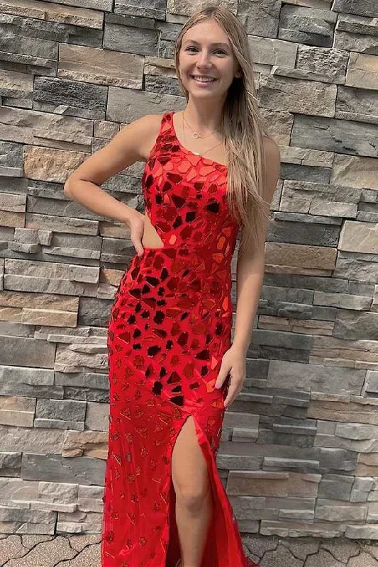 Red Cut Glass Mirror One-Shoulder Cutout Long Prom Dress with Slit Cotton Maxi Skirt