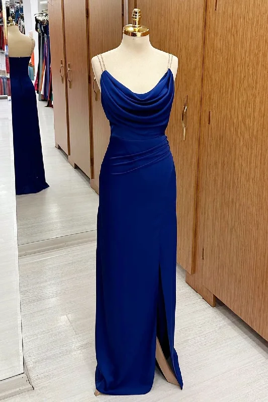 Royal Blue Cowl Neck Sheath Maxi Dress with Slit Soft Pleated Maxi