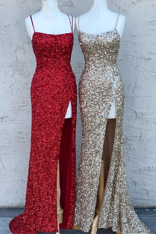 Spaghetti Straps Gold Sequins Mermaid Long Formal Dress Boho Chic Maxi