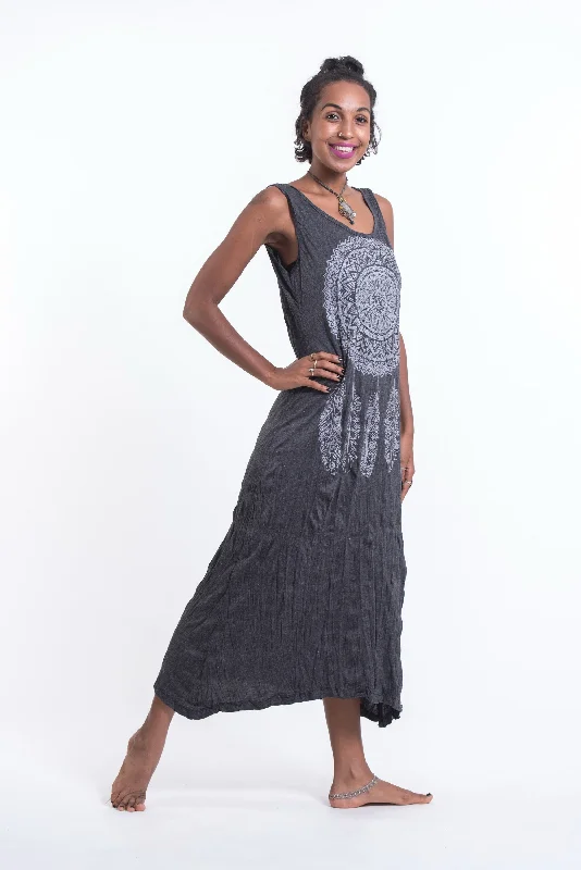 Womens Dreamcatcher Long Tank Dress in Silver on Black Maxi Skirt Chic