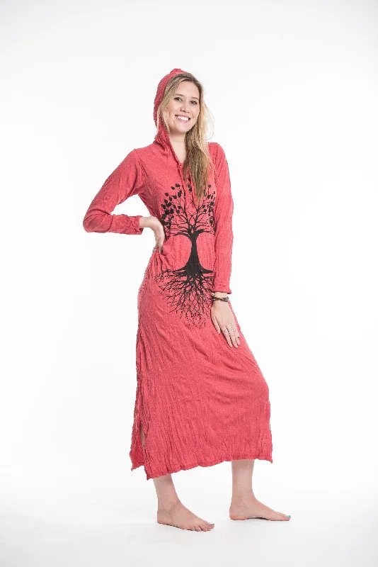 Womens Tree of Life Long Hoodie Dress in Red Casual Maxi Outfit