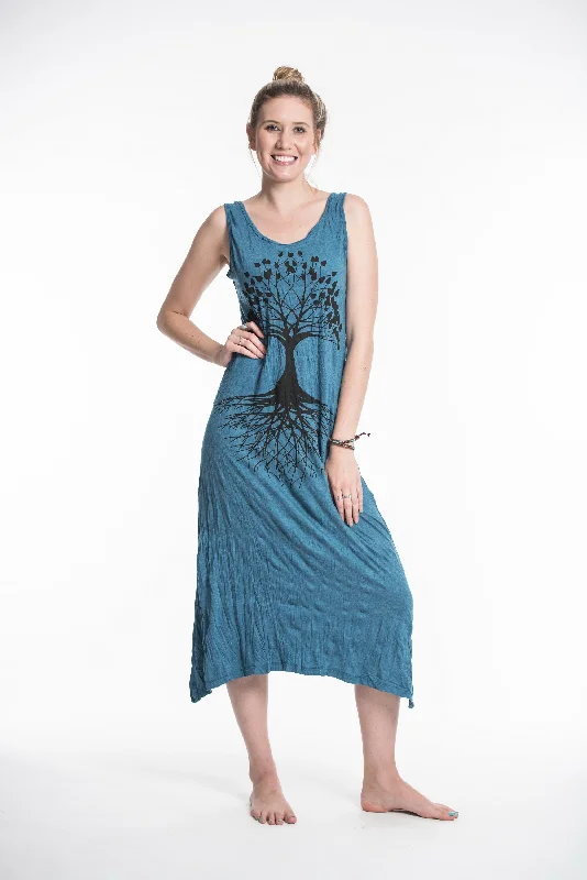 Womens Tree of Life Long Tank Dress in Denim Blue Formal Maxi Skirt