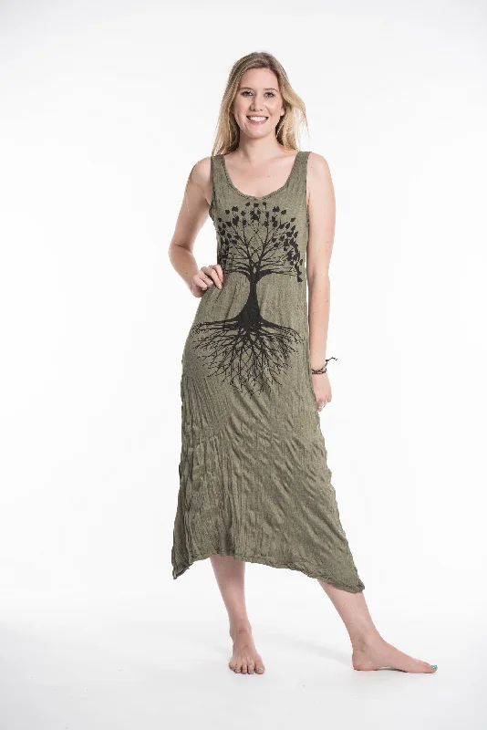 Womens Tree of Life Long Tank Dress in Green Slim-fit Maxi Skirt