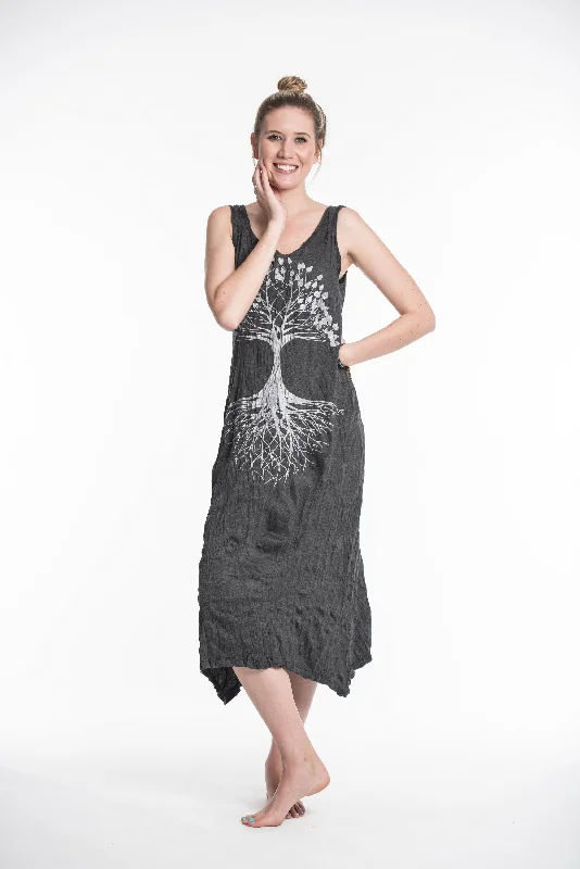 Womens Tree of Life Long Tank Dress in Silver on Black Maxi Skirt Style