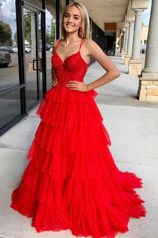 Tiered Ruffle Appliques Corset Long Prom Dress with Spaghetti Straps Maxi Skirt Classic