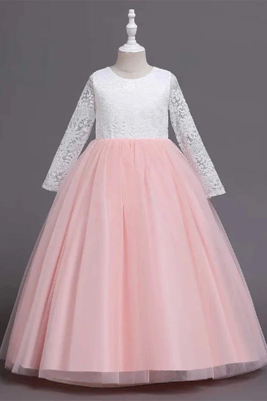 White and Pink Lace Long Sleeve A-Line Flower Girl Dress Embellished Maxi Skirt