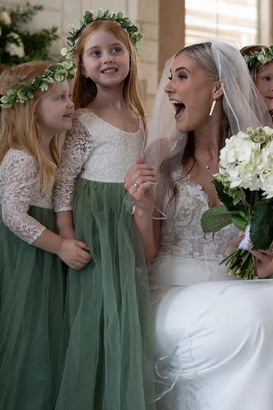 White & Green Lace Long Sleeve Backless Flower Girl Dress Summer Beach Maxi