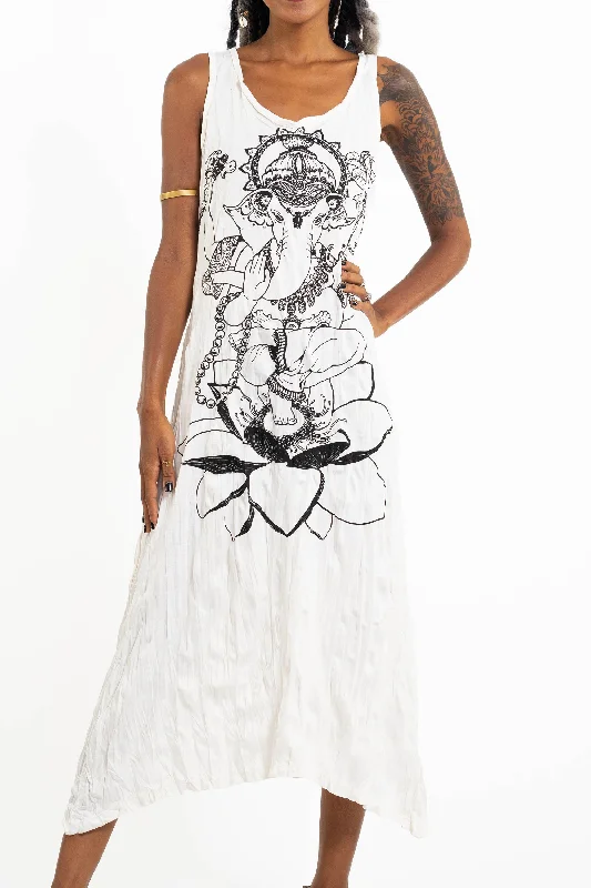 Womens Lord Ganesh Long Tank Dress in White Front Pocket Maxi