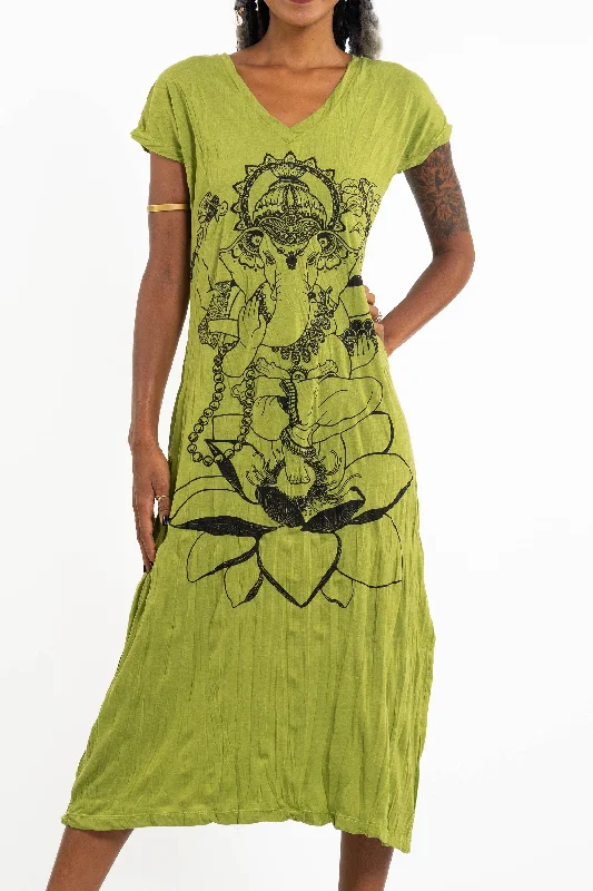 Womens Lord Ganesh V Neck Long Dress in Lime Summer Floral Maxi