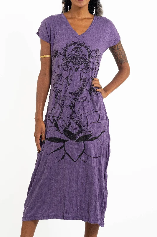 Womens Lord Ganesh V Neck Long Dress in Purple Elegant Maxi Look