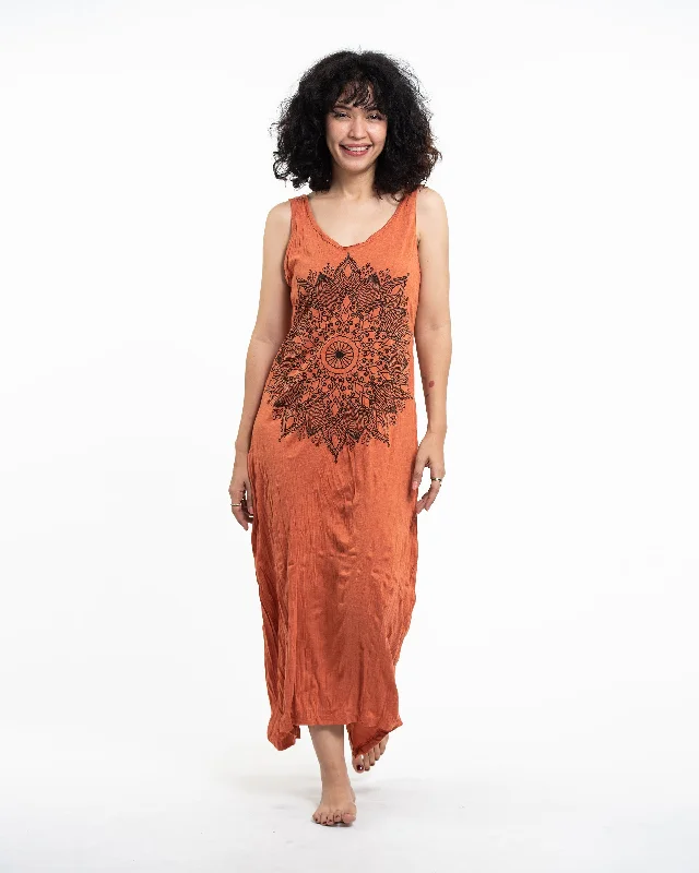 Womens Lotus Mandala Long Tank Dress in Orange Floral A-line Skirt